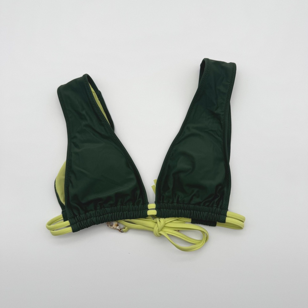 Two Tone Forest Green and Lime Yellow Tassel Shell Bikini Top Plunge Swimwear XS